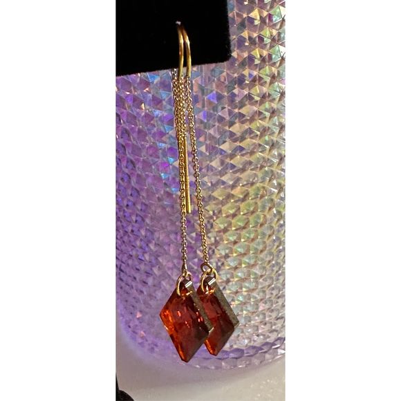 488. Gold filled threader earrings Austrian Crystal ￼Red Magma - Picture 4 of 6